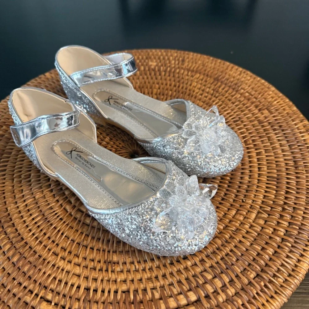 Hongchenkids Silver‎ Glitter princess Crystal Dress Shoes Girls Low Heel Size 34